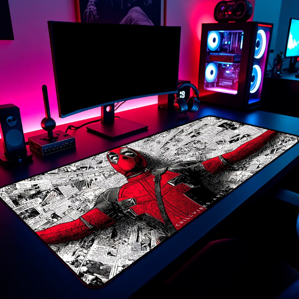 Mouse Pad Deadpool Comics Journal Gamer 65x30cm / 80x40cm / 90x50cm / 120x60cm Borda Costurada