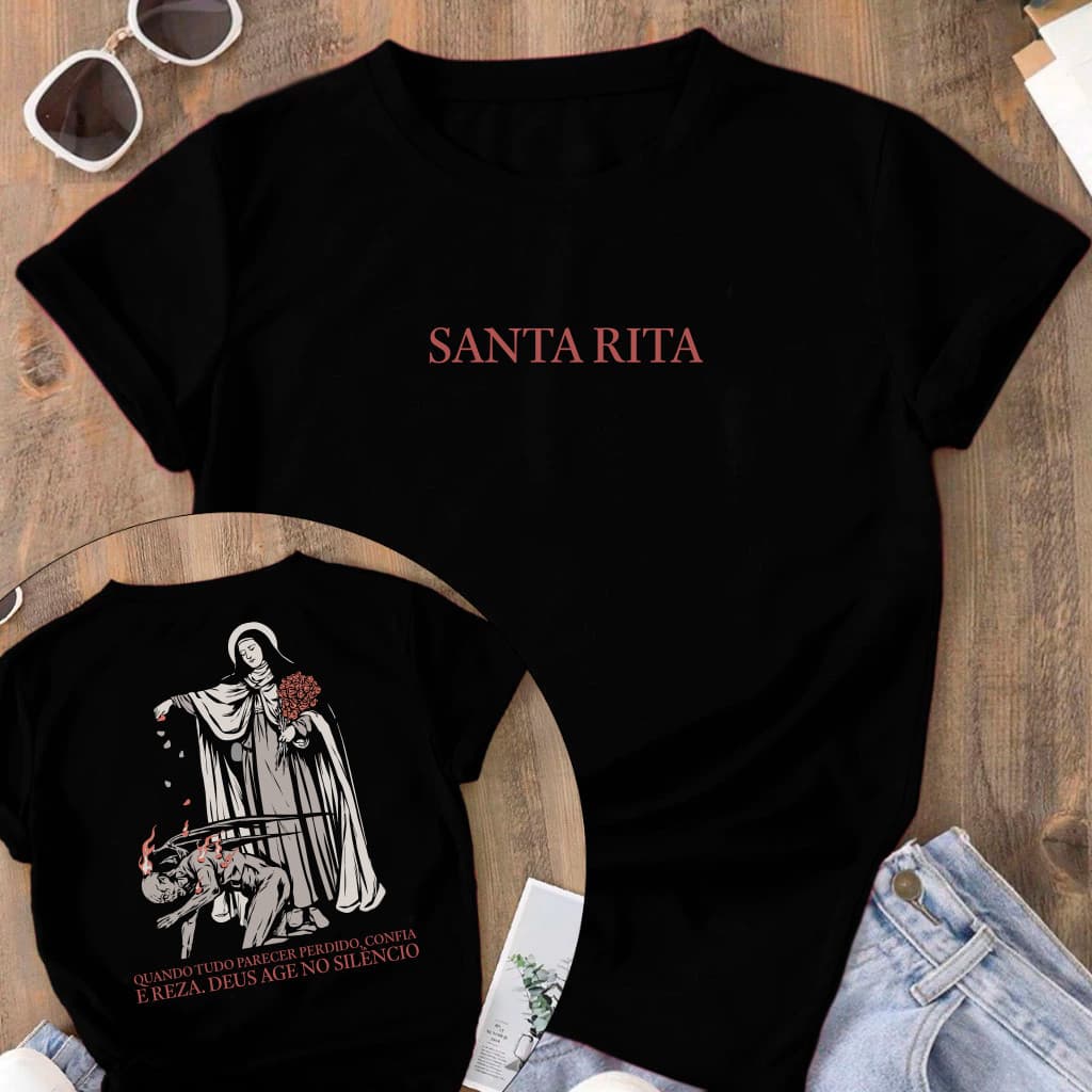Camiseta Moda Masculina e Feminina Cristã  Petalas de Rosas Santa Rita De Cassia Religiosa Catolica 100% Algodão Unissex