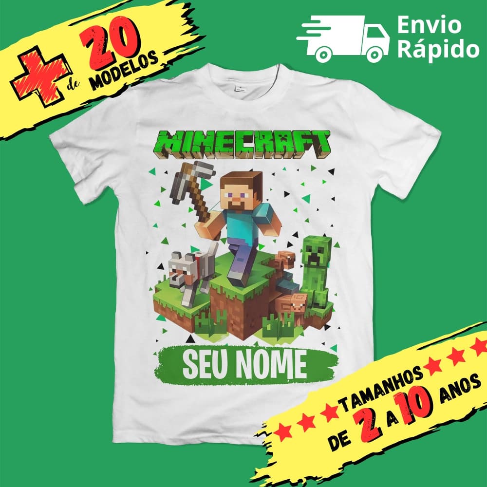 Camiseta Infantil Unissex Minecraft com Nome (opcional) Vários Modelos