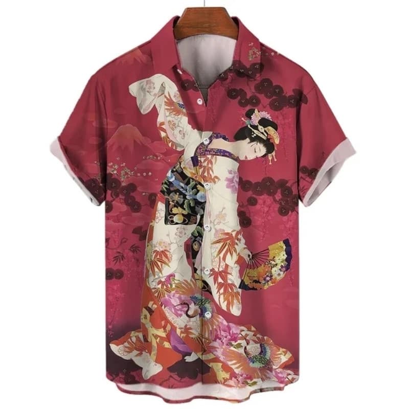 Camisas Masculinas Casuais de Verão com Estampa 3D Floral, Estilo Geisha Japonesa Havaiana, da Yamato