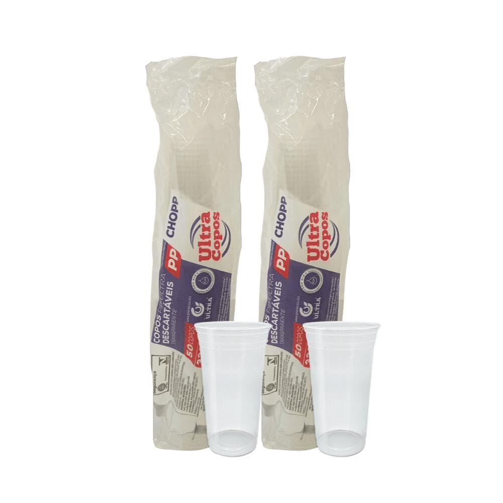 2 Pacotes de Copo de 330ml Liso Transparente PP Ultra Copos Replast com 50 unidades