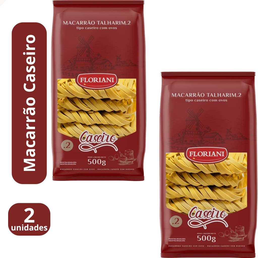 Kit 2 - Macarrão Caseiro Talharim Com Ovos 500g Numero 2 Massa Caseira Gourmet Pasta Floriani