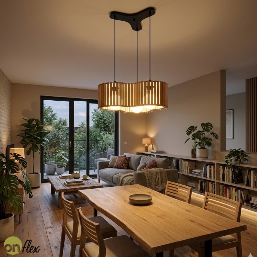 Luminária Pendente Crepúsculo Ripado em MDF – Lustre Decorativo Moderno