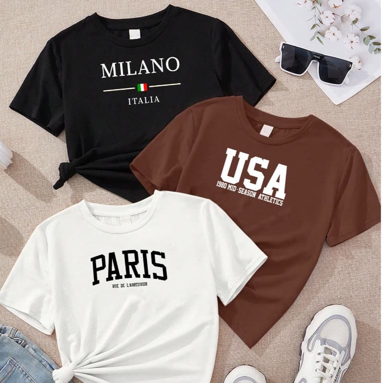 Kit 3 Camiseta T-Shirts Femininas Onlyone - Milano, Paris e USA Malha Algodão 30.1 Premium)