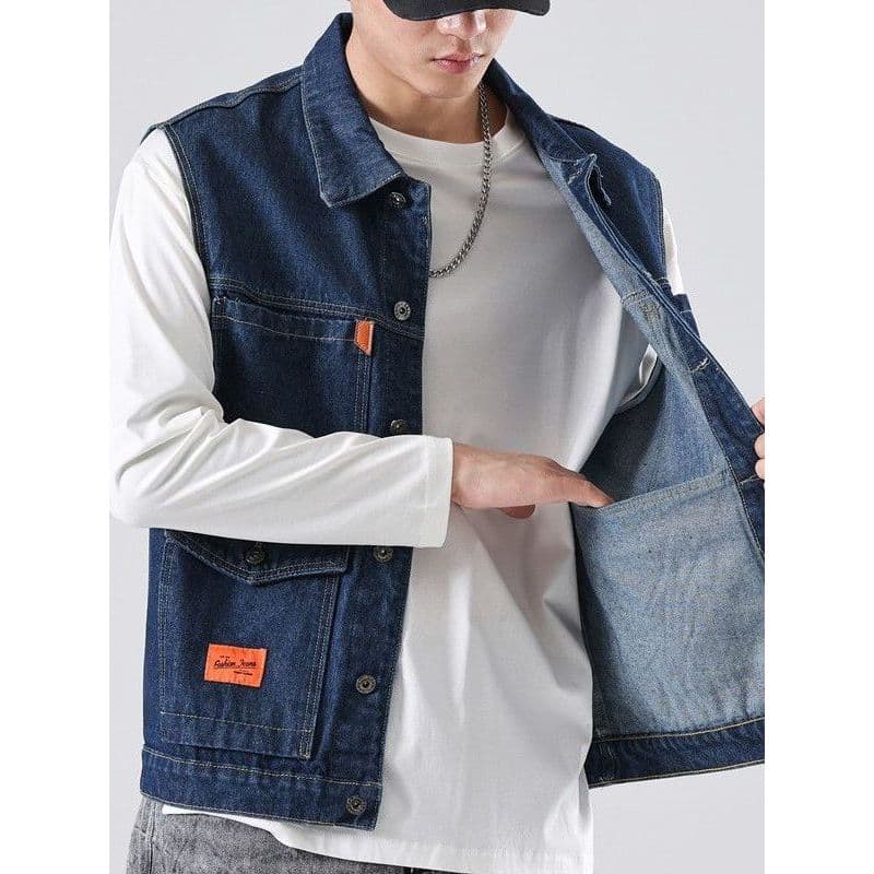 Colete jeans masculino, resistente ao desgaste, resistente ao desgaste, tamanho grande, colete juvenil de meia-idade, fe