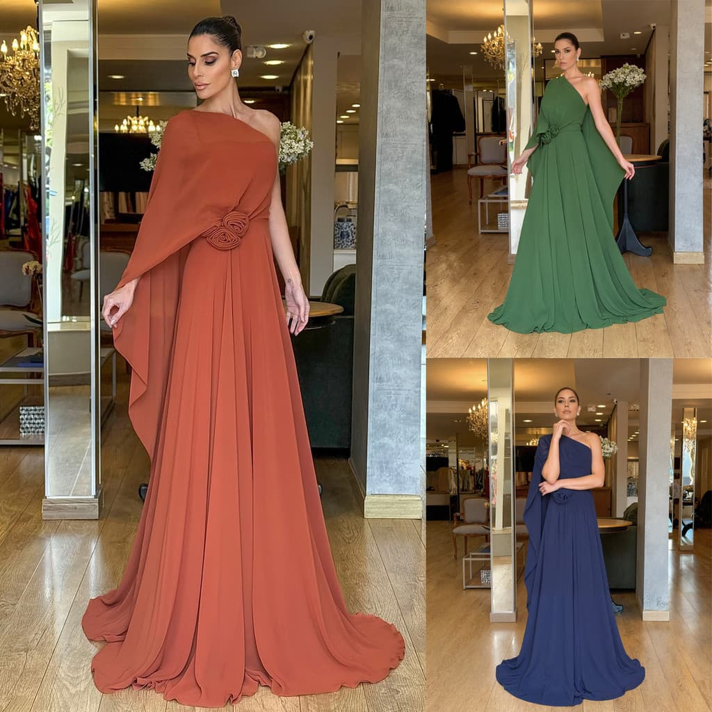 2026 europeu americano novo estilo ombro oblíquo Chiffon vestido de festa INS solto bainha grande saia longa feminina