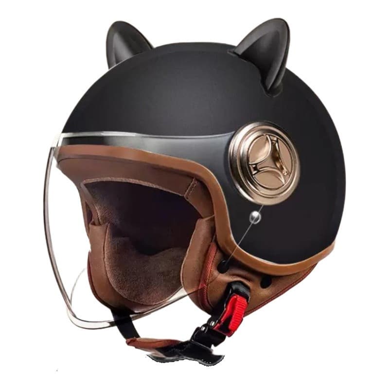 Capacete Retrô Moto Orelha de Gato, Meio Capacete com Viseira, Confortável para Uso Diário
