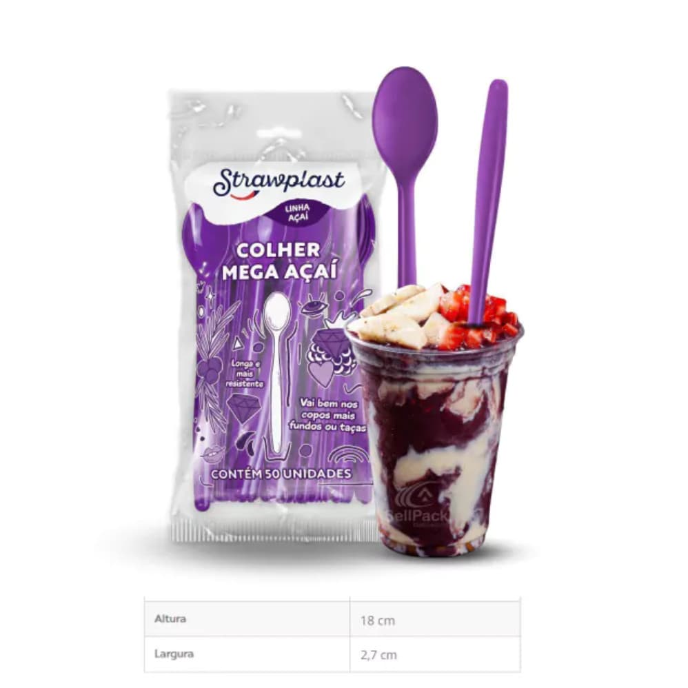 *COLHER MEGA AÇAÍ LONGA ROXA - 50 unidades - STRAWPLAST