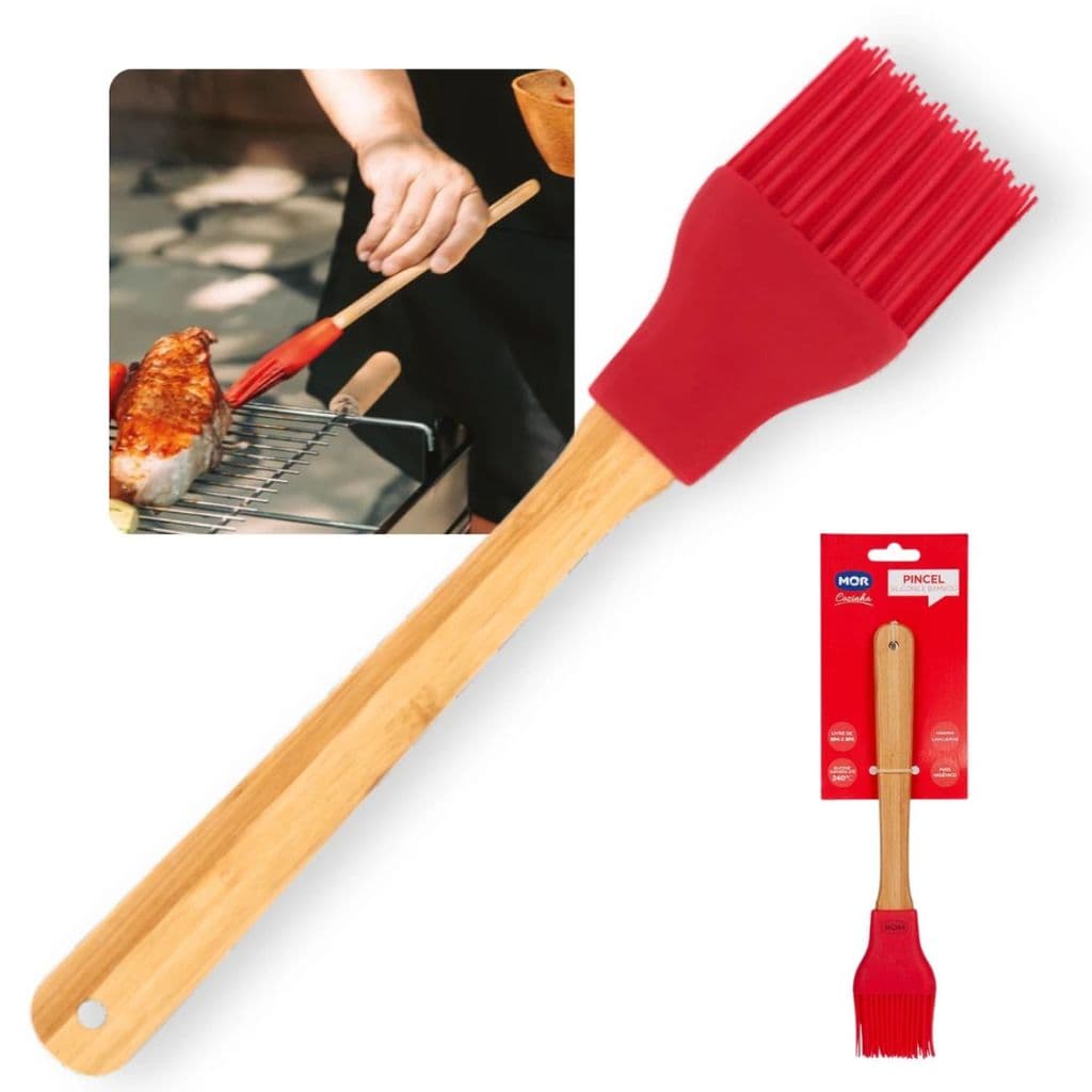 Pincel Culinário Silicone Vermelho Cabo Bambu Resistente 240°c Pincel Cozinha Churrasco Confeitaria Antiaderente