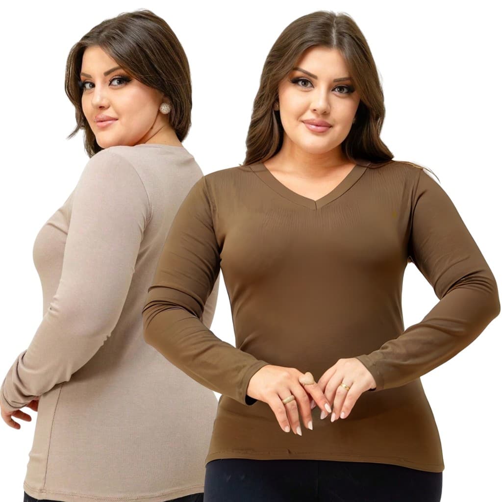 Kit 2 ou 1 Blusa manga longa gola V Feminina Viscolycra Segunda Pele Frio Inverno