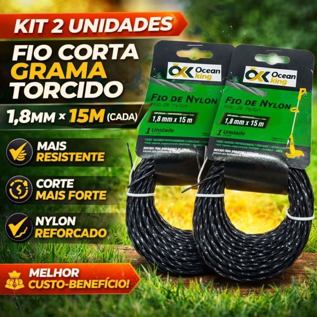 Fio Corta Grama 1.8mm 15m Torcido Nylon Reforçado Aparador Roçadeira