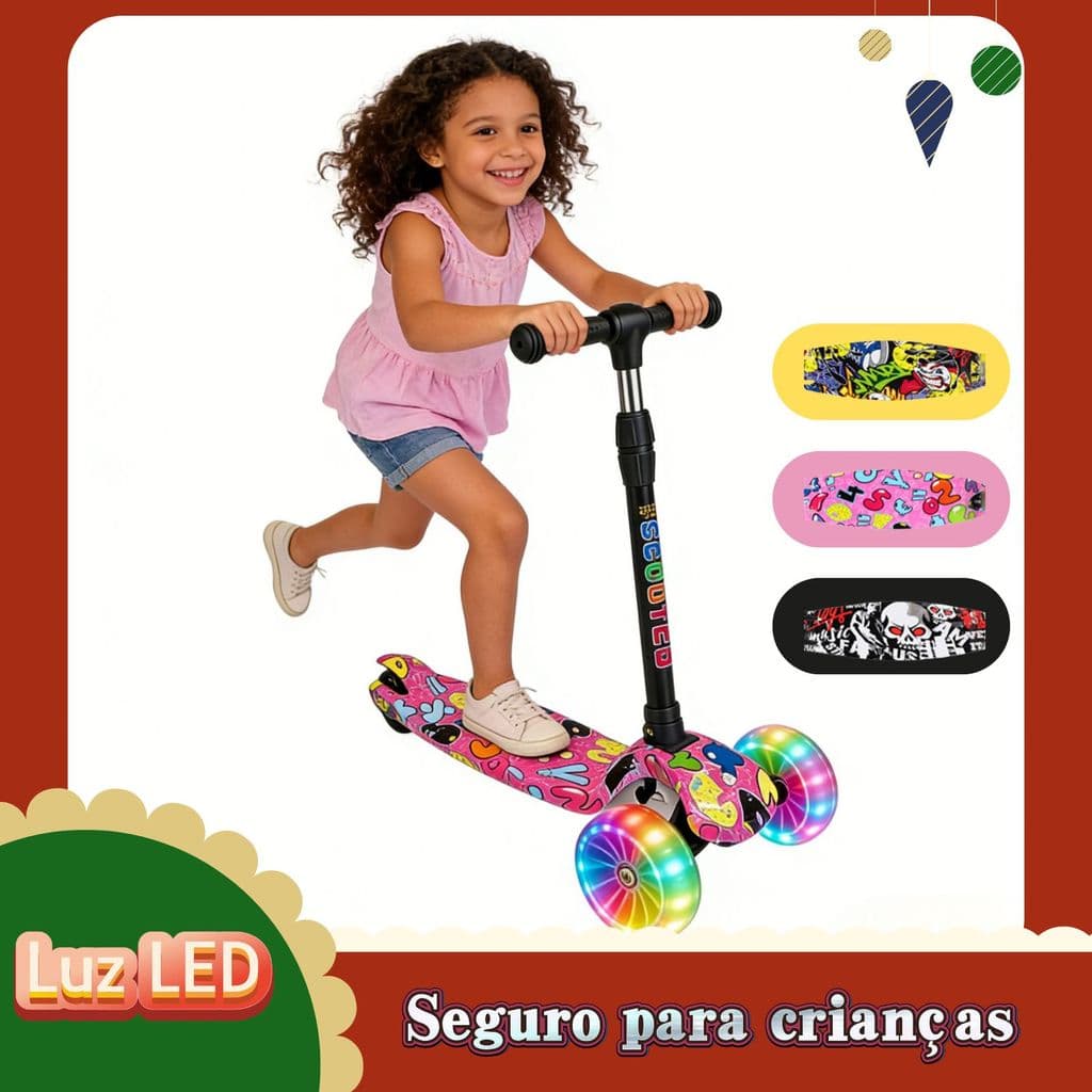 Patinete Infantil 4 Rodas com Rodas LED Pisca, Dobrável em 1 Segundo, Seguro para Crianças 2-8 Anos