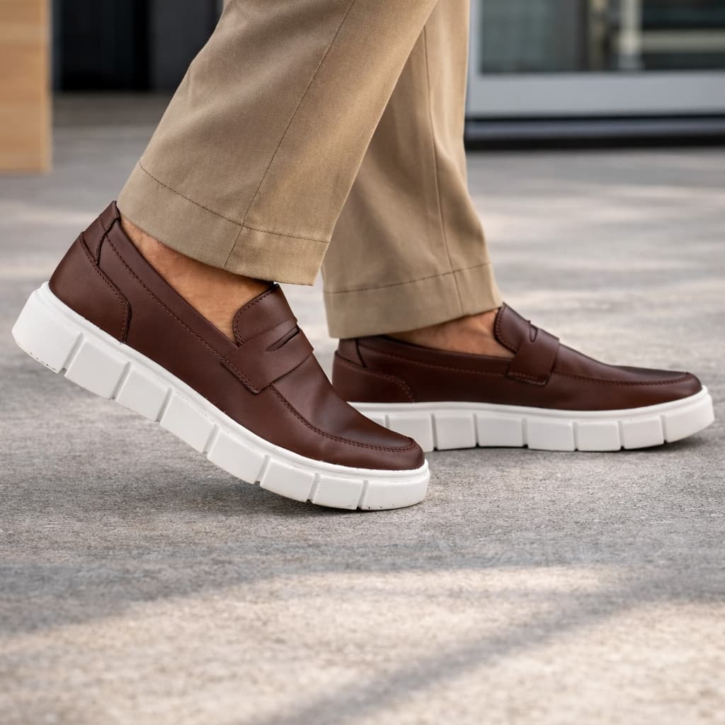 Sapato Casual Masculino Loafer Solado Chunky Branco Estilo Moderno Couro Sintético