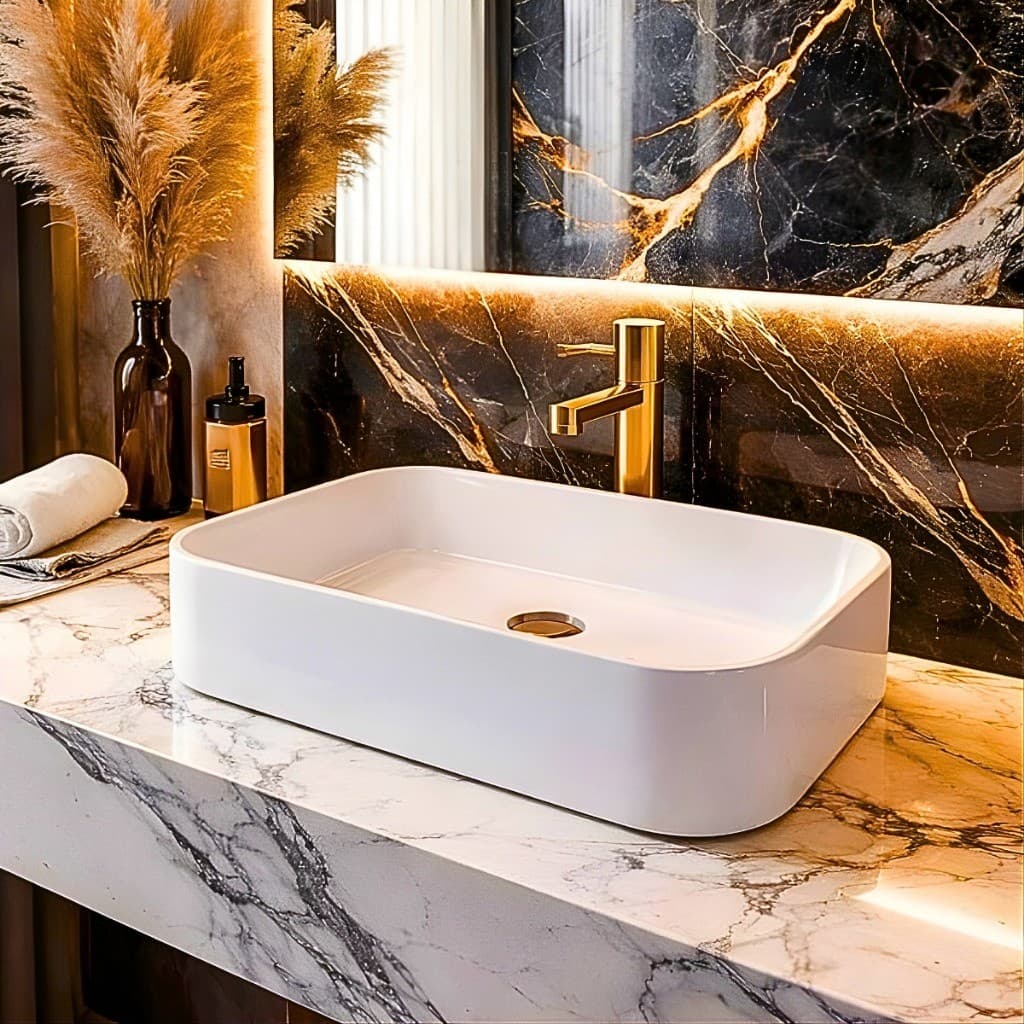 *DESCONTO* Pia Para Banheiro Cuba de Apoio Lavabo Retangular Mármore Sintético Branca Sobrepor