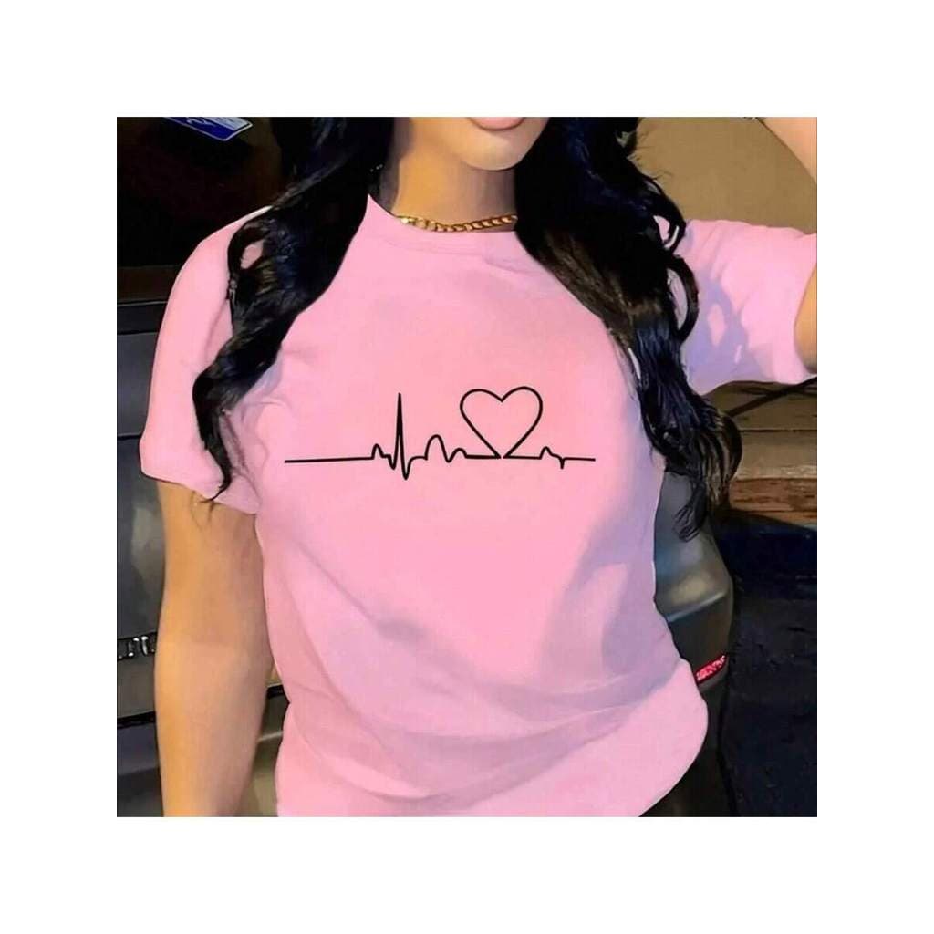 Camiseta Feminina Camisa 100% Algodão Estampa Batimento Coração Camisa Casual
