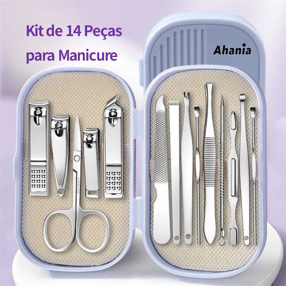 Kit de 14 Peças para Manicure de Aço Inoxidável com Estojo de Plastico ABS, com Ferramentas para Manicure e Pedicure