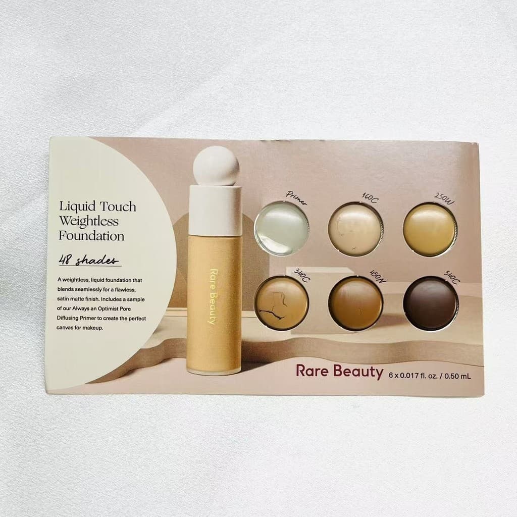 Base Líquida de Luz Rare Beauty LiquidTouch 6 Núcleos cartão colorido de teste + Primer de maquiagem 0.5ML