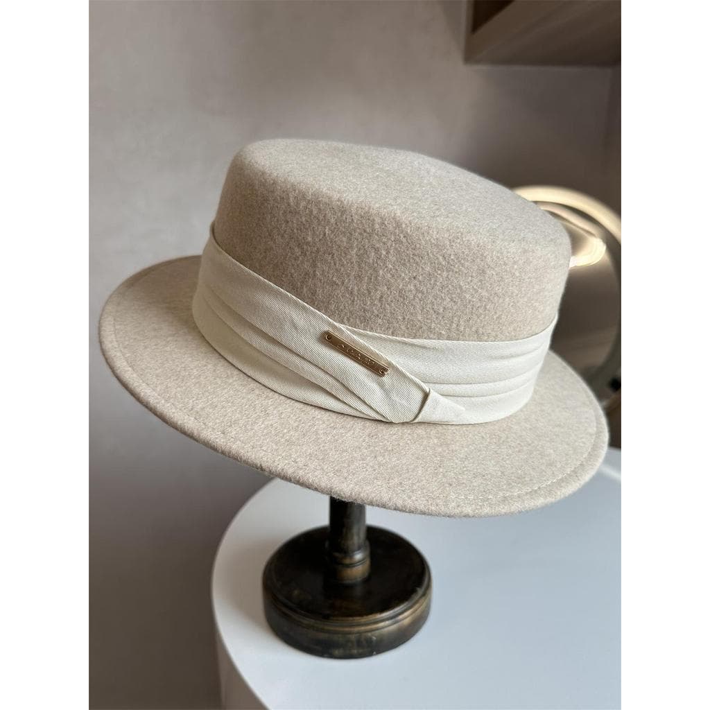 Chapéu superior plano de aveia feminino outono inverno panamá chapéu de lã chapéu de aba plana francês britânico Retro A