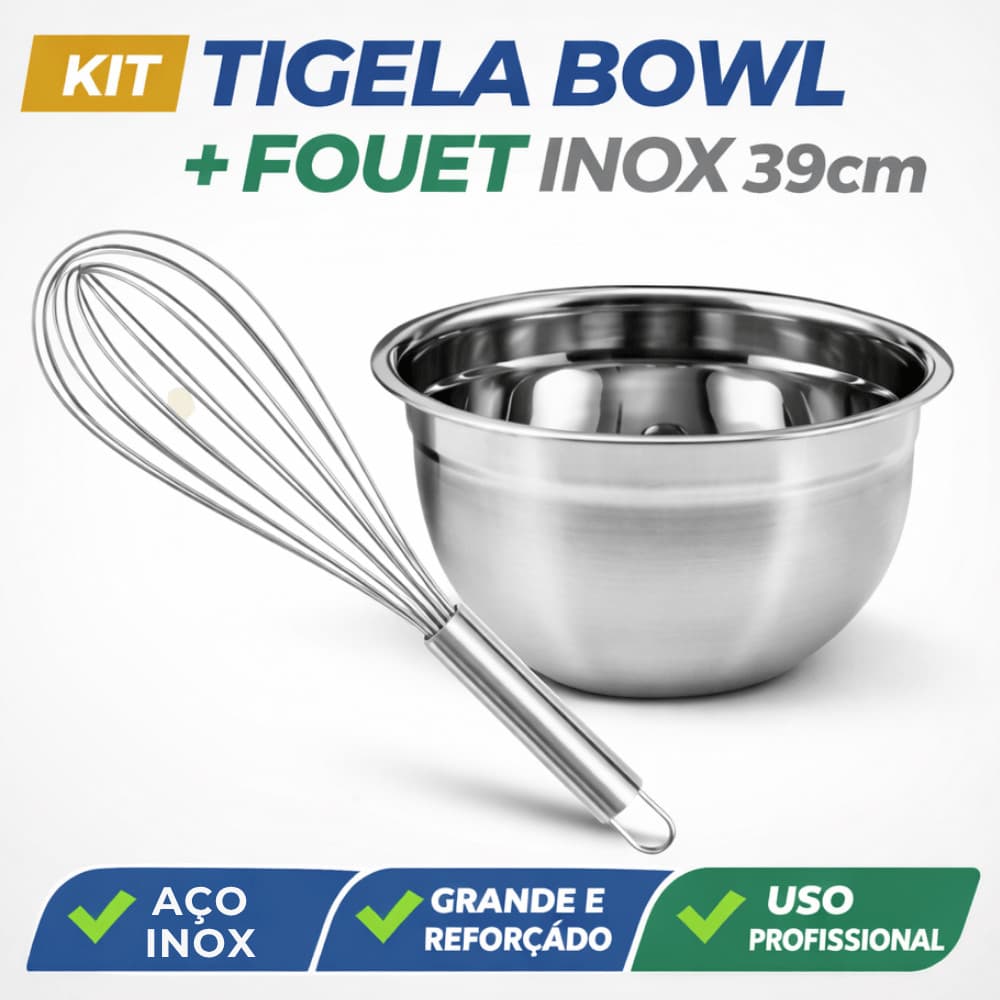 Kit Tigela Bowl Multiuso 26cm + Fouet 39cm Profissional | Grande Reforçado Profissional Cozinha