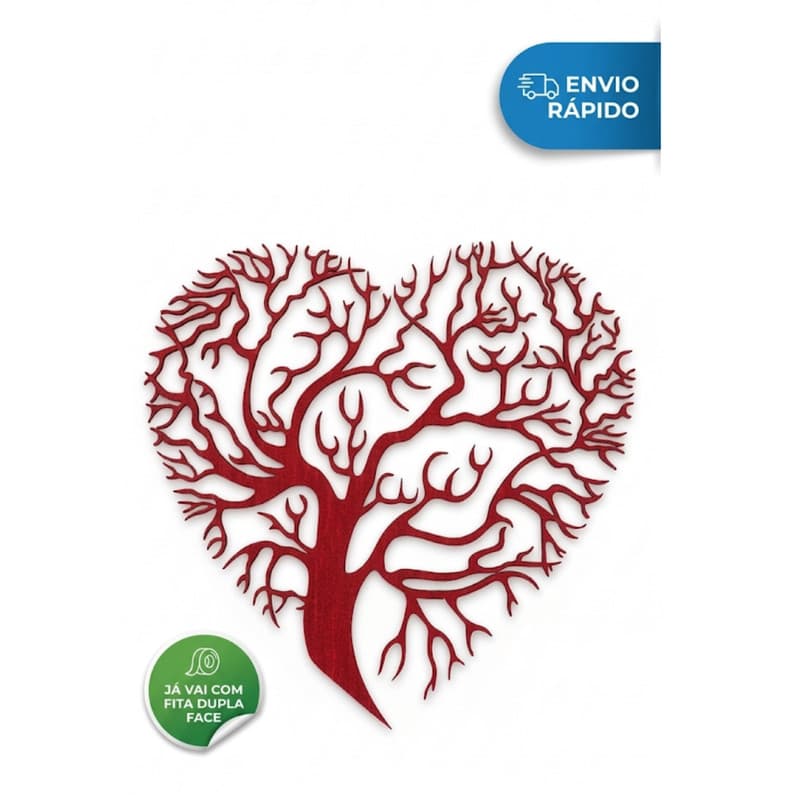 Quadro Escultura Parede Árvore Da Vida Coração MDF Vermelho Casal Decoração Sala Quarto Luxo