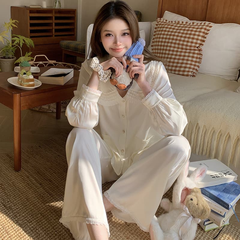Pijama Mousse de óleo feminino seda gelo manga comprida moda feminina conjunto de casa