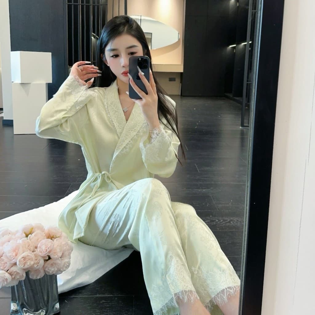 Ya Yase elegante luxo luz luxo senhoras sentir pijamas de seda gelo país feminino Jacquard Loungewear