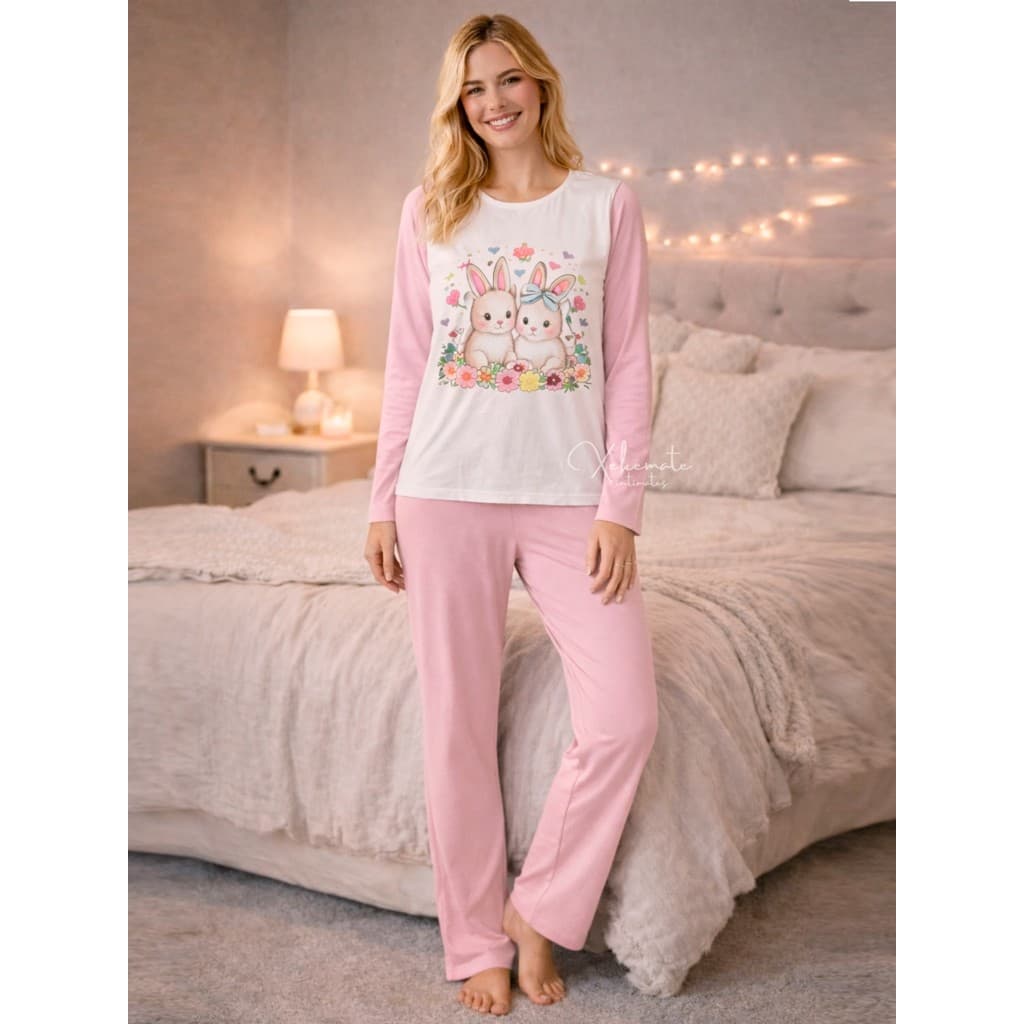 Kit Pijamas de Inverno Manga Longa Calça Suede Estampados Confortável Moda Feminina Elástico Cintura