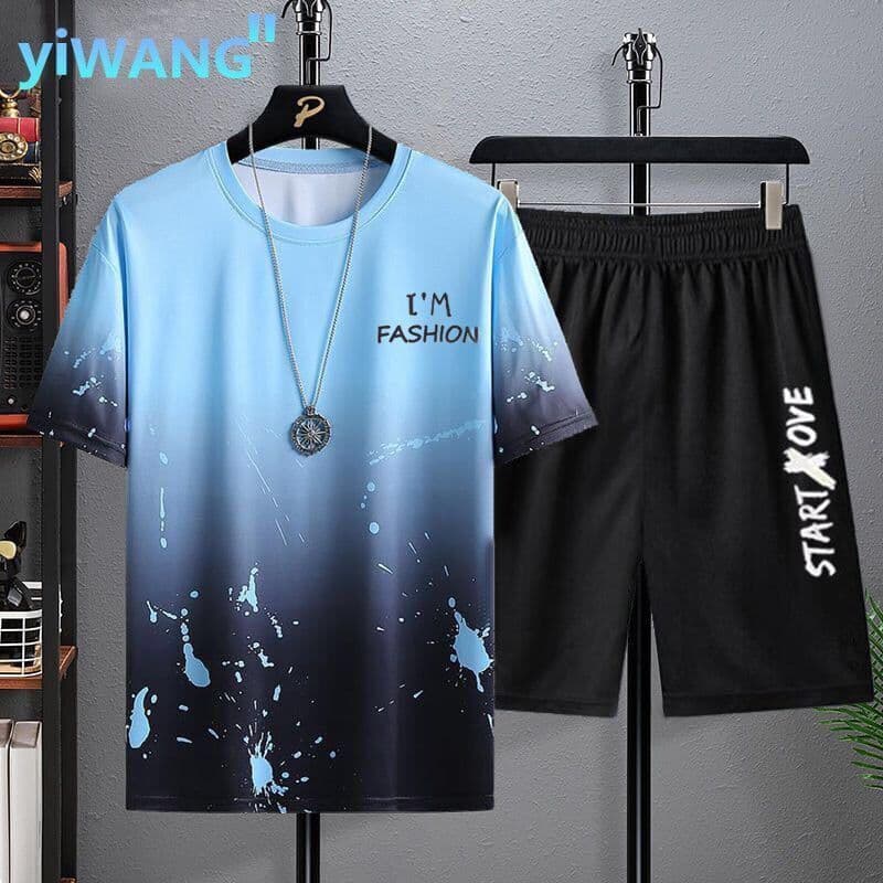 Terno esportivo Casual masculino de seda gelo manga curta verão 2024 novo estilo bonito Shorts combinando versão coreana