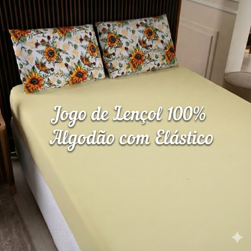 Kit Jogo de Cama 100% Algodão Lençol C/ Elástico 03 Peças Fronhas Estampadas com Zíper