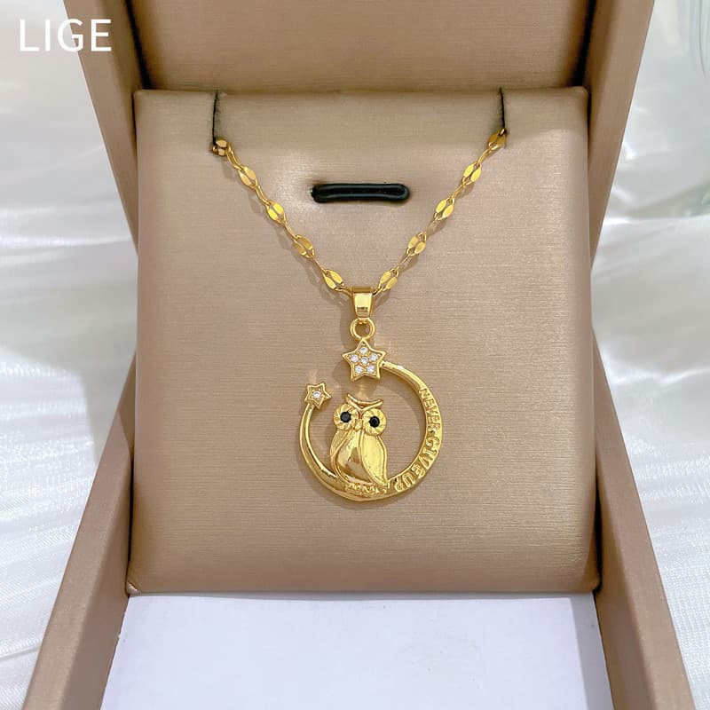 Corrente De Aço Inoxidável Coruja Lunar Leve E Luxuosa Colar Pingente Para Mulher Jóias Senhora Acessórios Presentes