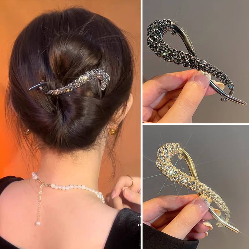 Clipe de torção clássico com strass, clipe de luxo leve, de torção elegante, clipe de coque, estilo versátil para