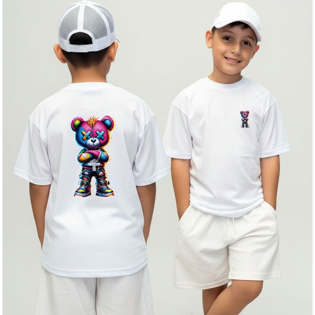 Camiseta Infantil Streetwear Malha 30.1 100% Algodão Camisa Estilosa  Urso Colorido