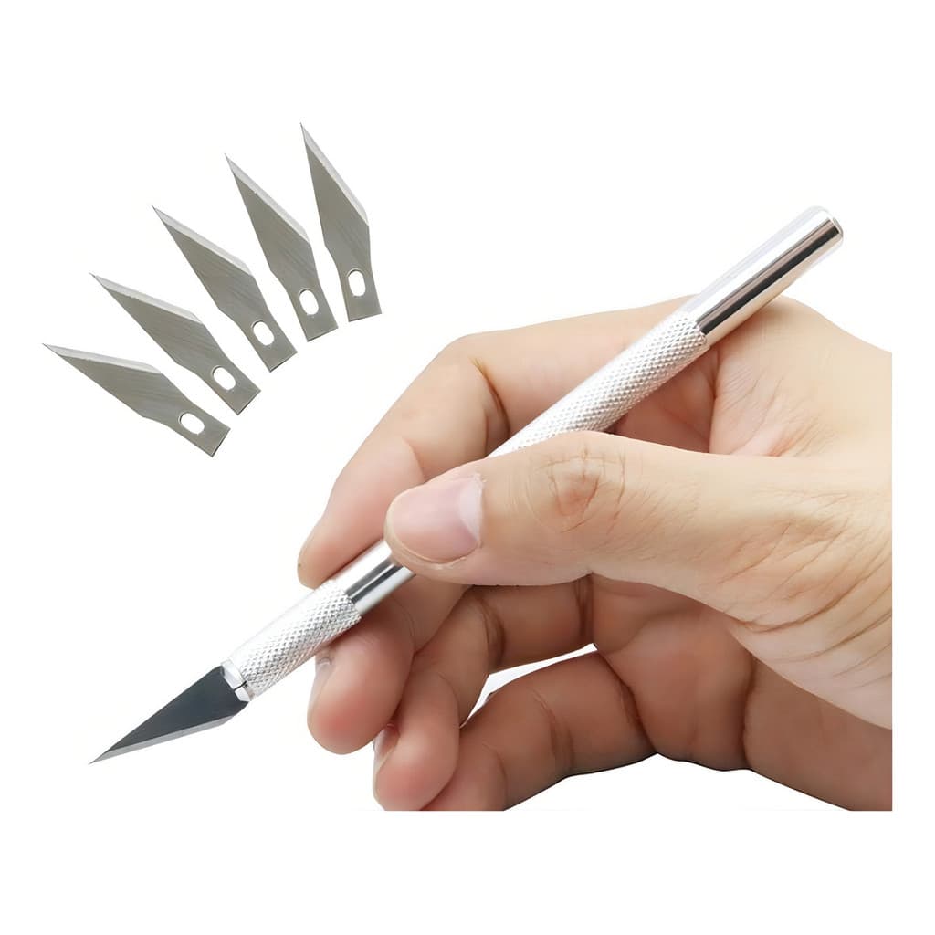 Caneta Estilete De Precisão Falcon Para Artesanato Papelão Prateado +5 Lâminas