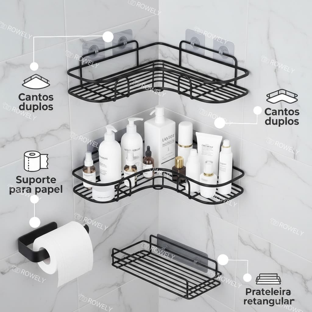 Conjunto 4 de Organizador de Banheiro Premium Canto Duplo, Suporte Papel e Prateleira Retangular