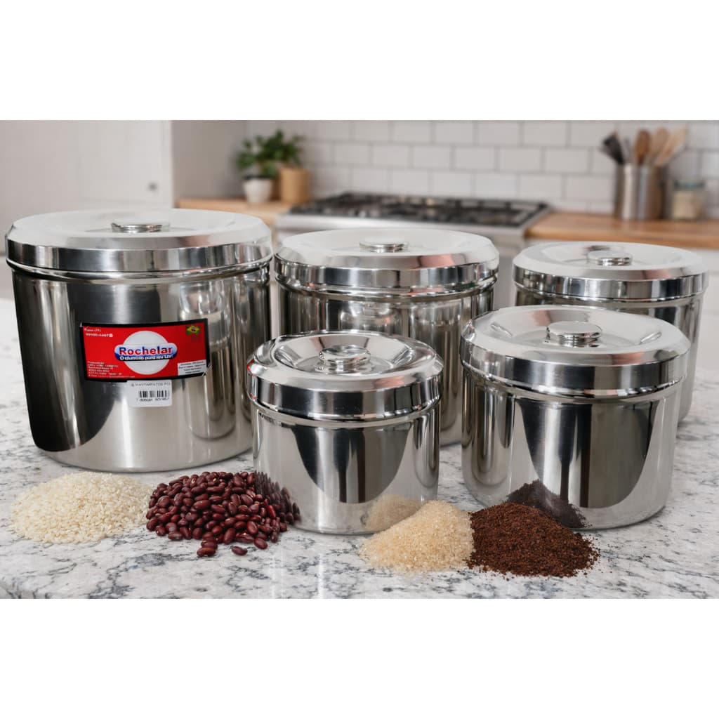 Kit Jogo 5 Potes em Alumínio Para Arroz Feijão Café Açúcar Reforçado Premium Tamanhos 14,16,18,20,22