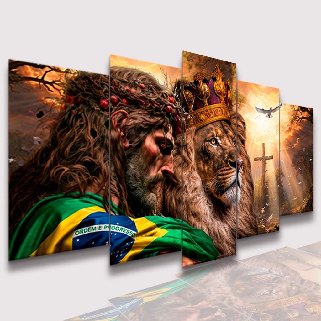 Conjunto de Quadros Decorativos Cristão Mosaico Leão de Judá Kit Parede Sala Quarto 03