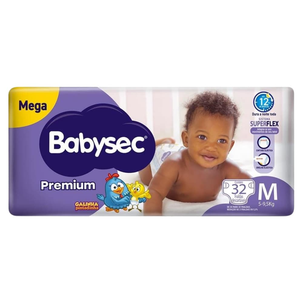 Fralda BabySec Premium Galinha Pintadinha Mega M c/32un –Bebê sequinho por mais tempo