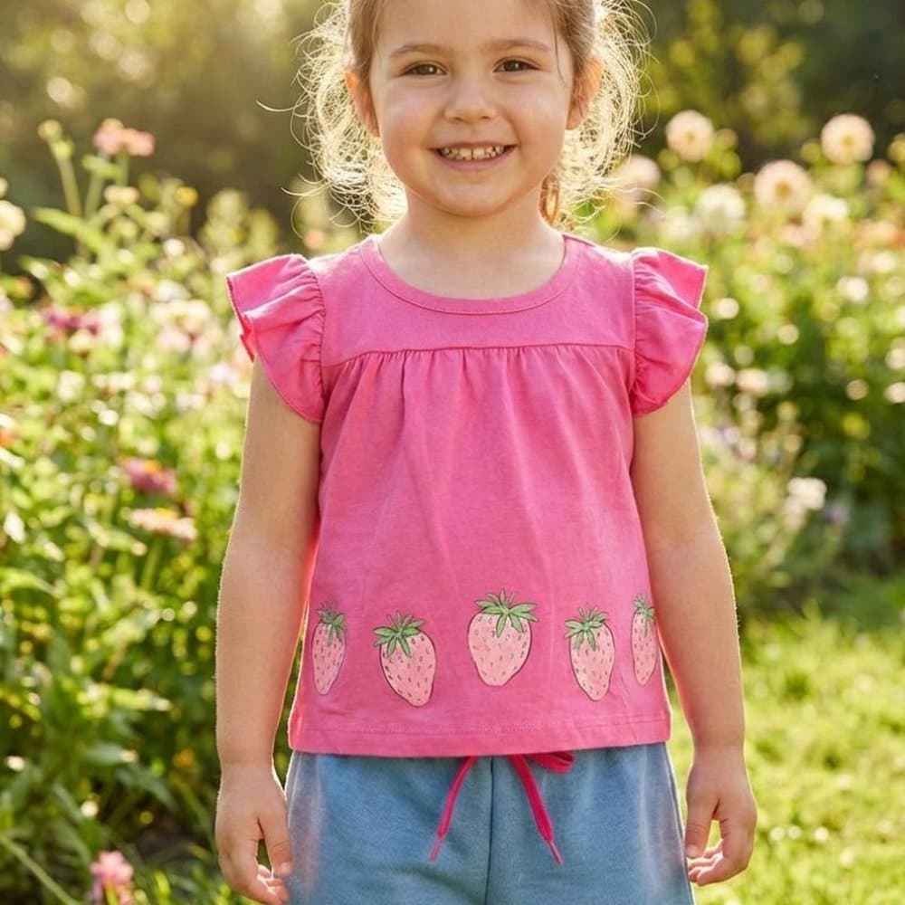 Conjunto Infantil Menina Verão Blusa com Babados Estampa Morango e Shorts Moletinho
