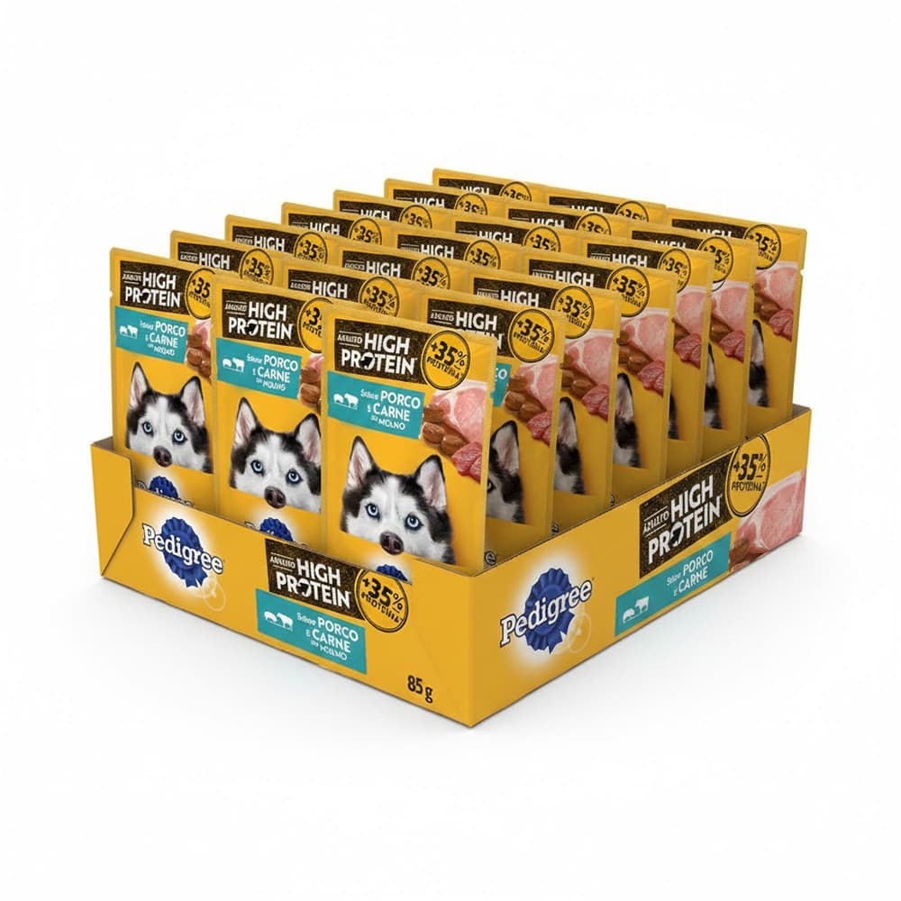 Kit Ração Úmida Pedigree Sachê High Protein Cães Adultos Porco e Carne Ao Molho 40 Unidades