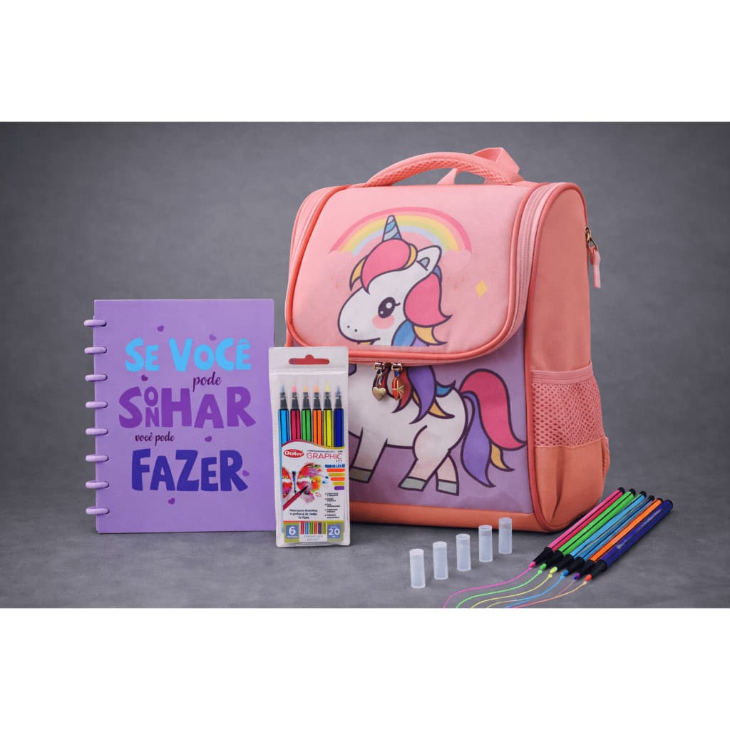 Kit Mochila Infantil Menina Escolar + Caderno Inteligente + Canetinhas Neon Criativas Coloridas