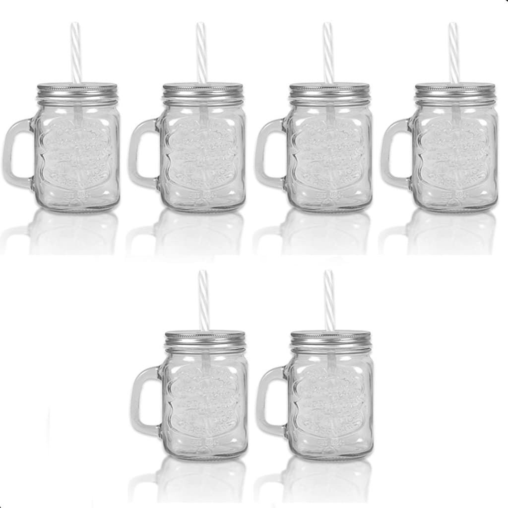 Kit 6 Jarrinhas Canecas De Vidro Multiuso Canudo Plastico Reutilizavel Servir Bebidas Sucos Caipirinhas Drinks Chás