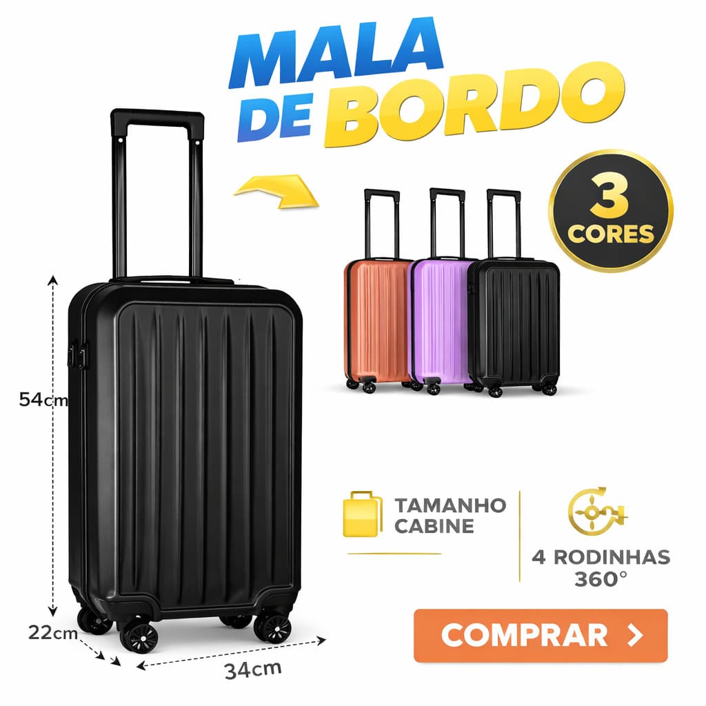 Mala de Viagem Bordo 10kg Fibra ABS Rodinhas 360° e Cadeado ANAC 20”