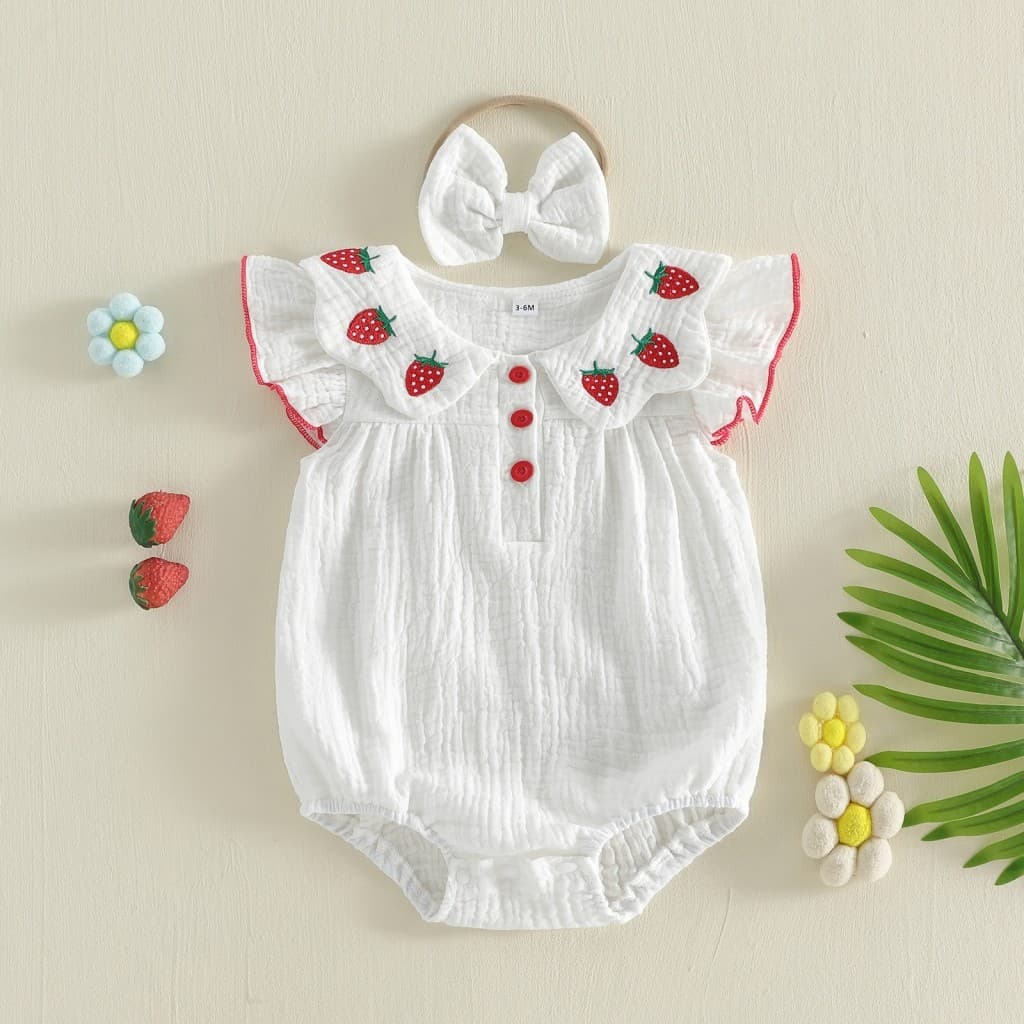 [helali] Conjunto De Macacão E Faixa De Cabeça Para Bebês Meninas Com Bordado De Morango Manga Voadora