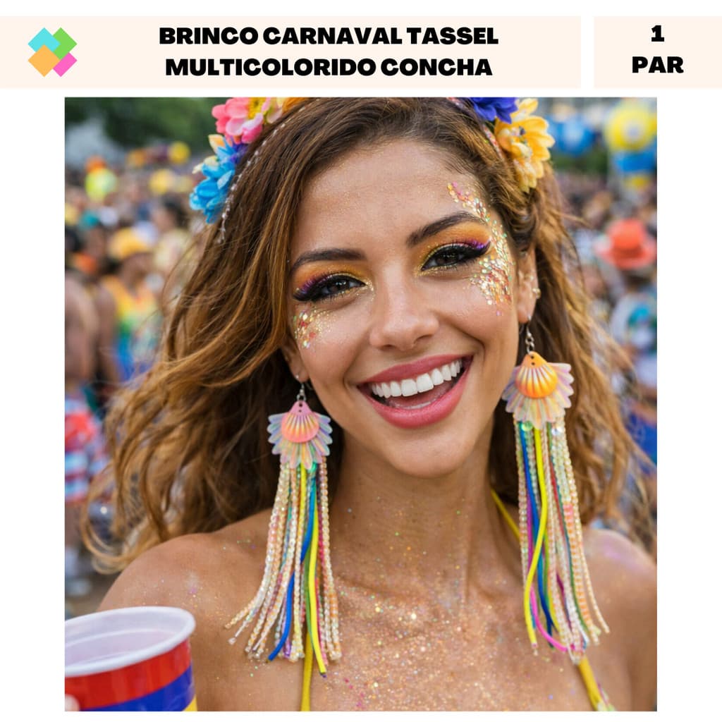 Brinco Feminino Tassel Multicolorido Concha Carnaval 2026 (1 Par)