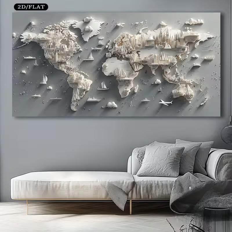 Quadro Decorativo Mapa Mundi Branco e Cinza