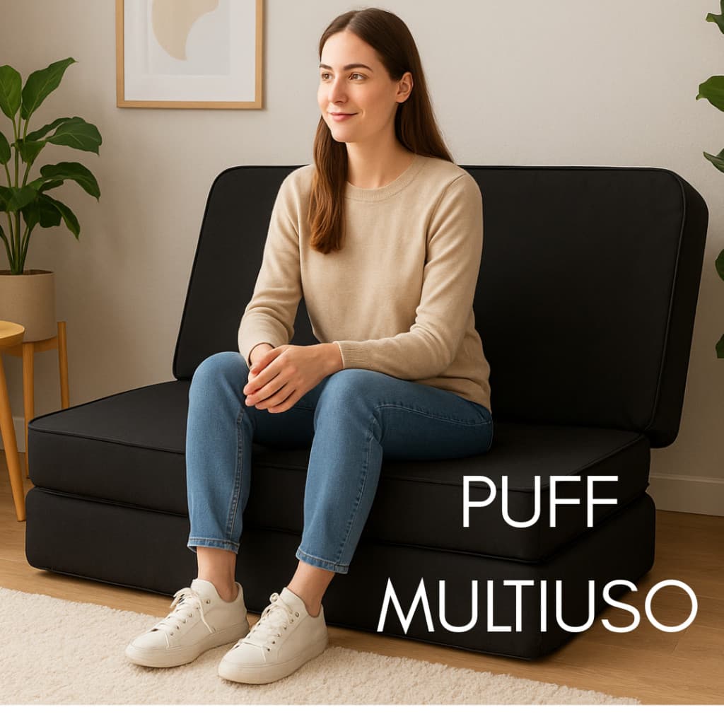 Puff Multiuso de Casal Sofá Colchão Colchonete Espuma Leve de Alta Qualidade Tecido Resistente na Cor Preto.