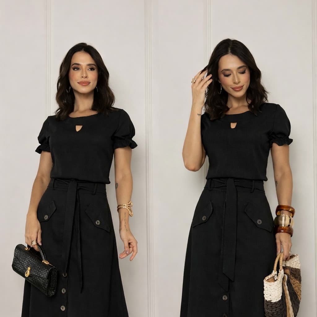 Conjunto Saia e Blusa Feminino Linho Premium Com Botões Madeirados Forrado E Cinto 014