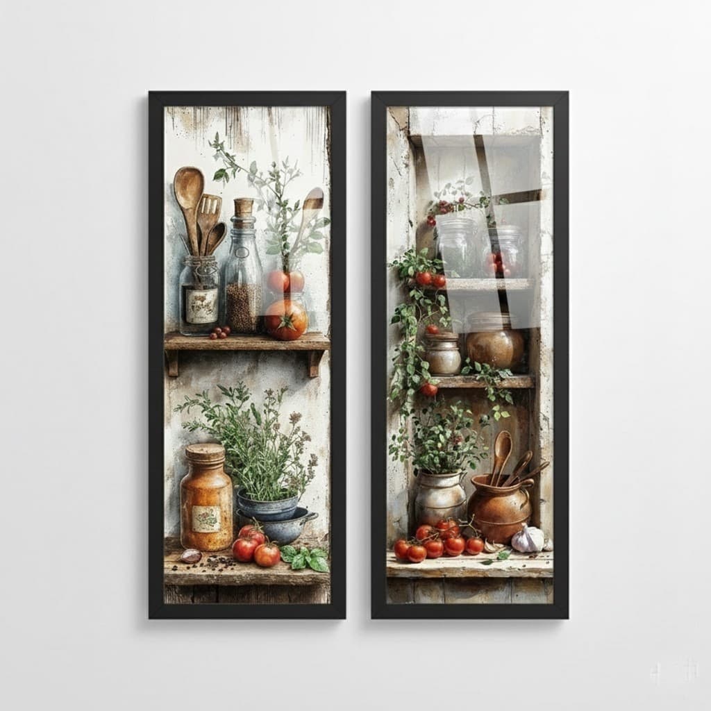 Kit 2 quadros 18x45 cm, área gourmet, área de churrasco, temperos, gourmet, cozinha, com vidro
