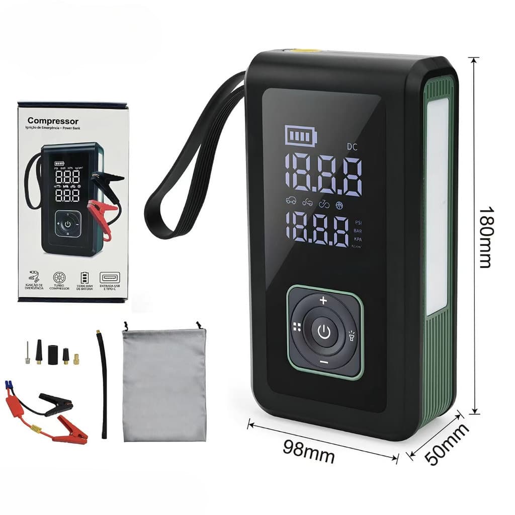 Mini Compressor 150 PSI com Jump Starter 1000A Power Bank 15000mAh USB-C Auxiliar de Partida Veicular Portátil