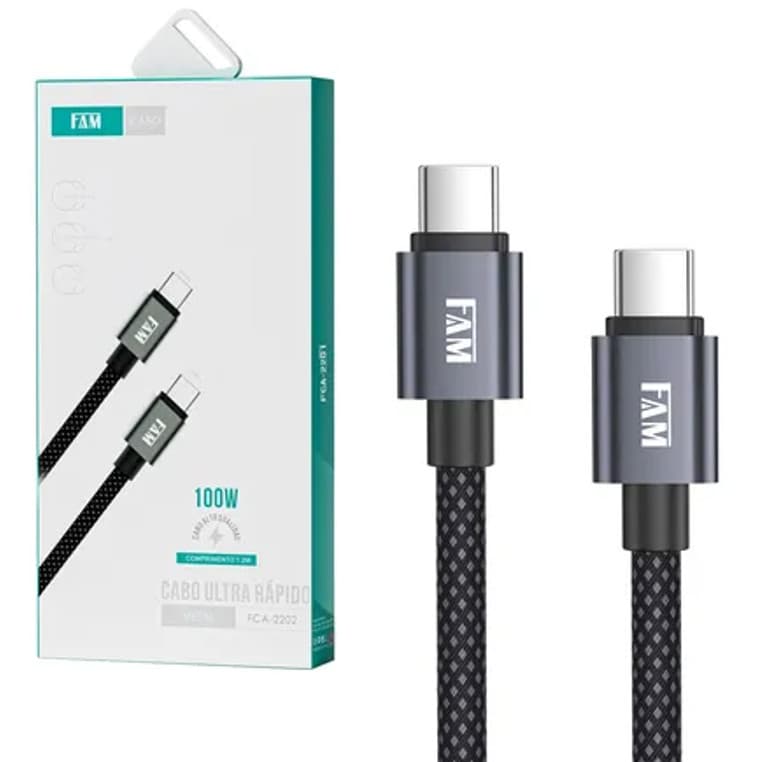 Cabo Tipo C FAM FCA-2202 - usb c para usb c carregamento rapido turbo android iphone cabo rapido